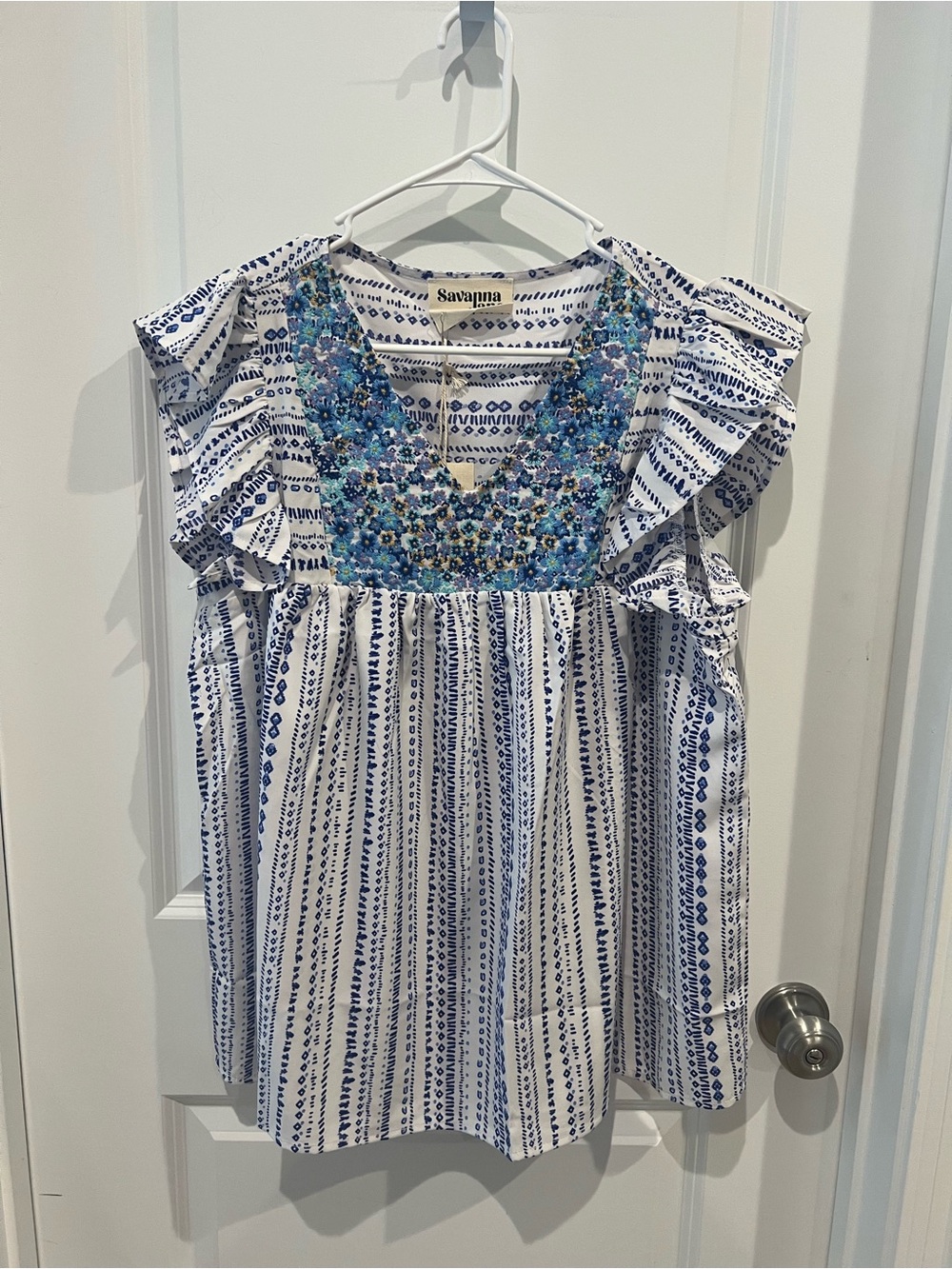 Savannah White & Blue Embroidered Flutter Sleeve Top